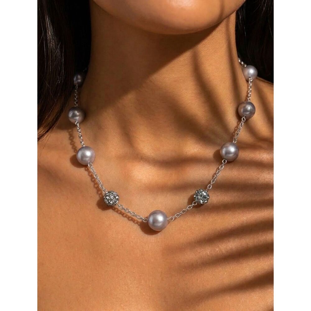 Grey Pearl & Pavé Rhinestone Silver Station Necklace Elegant Choker